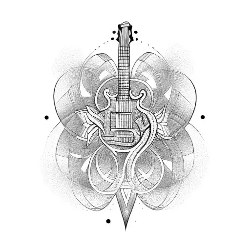 A Detailed Blackwork Tattoo Of A Guitar With Spiritual Symbols Intertwined In The Design