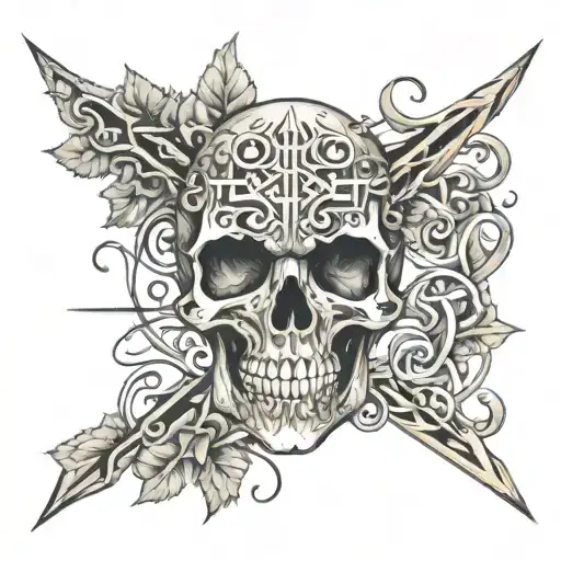 Skull And Vines Wrapped With Trident Through Middle