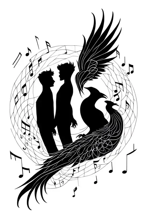 3 Brothers Silhouette Connected By Music Notes Inside A Phoenix