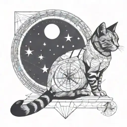 Cat Sitting On A Moon Looking At The Stars With A Background As Compass