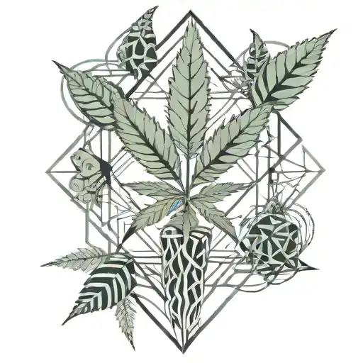 A Surrealistic Design Featuring A Cannabis Plant Intertwined With Abstract Geometric Shapes