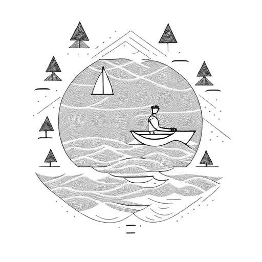 Silhouetted Person Fishing From A Boat On A Lake With Trees On The Sides