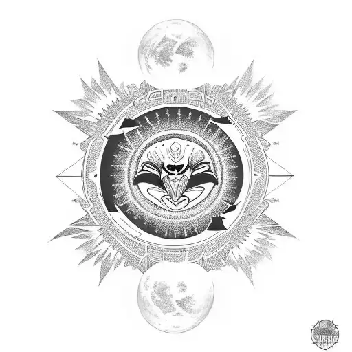 Geometric Eagle Crest Above A Sun Partially Eclipsed By A Larger And Smaller Moon