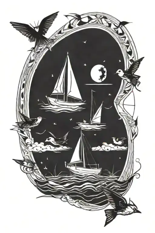 Small Sailboat With Small Birds And A Small Sun
