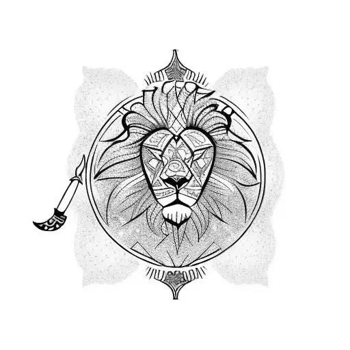 Right Side Of Lion Face With A Spear In The Middle And Planets On The Left Side