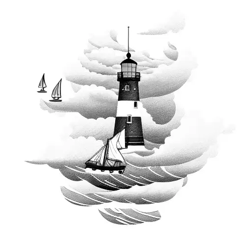 A Sail Boat In A Storm With A Lighthouse In The Background