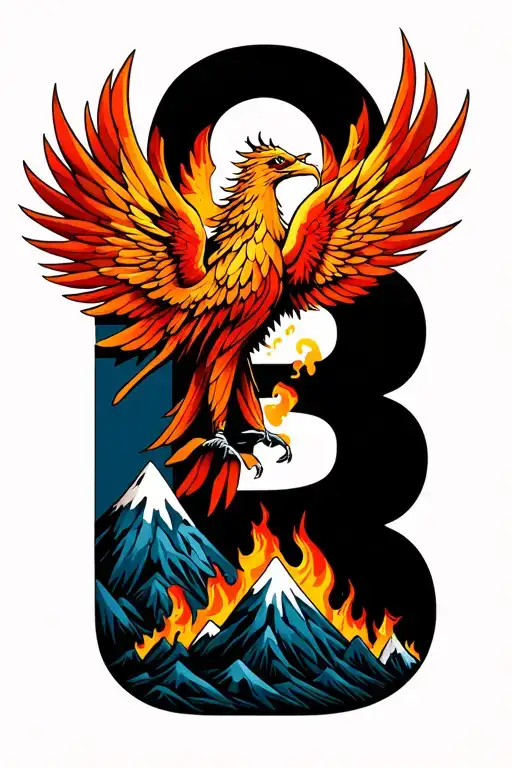 B Letter With Mountains Rising Phoenix From Fire