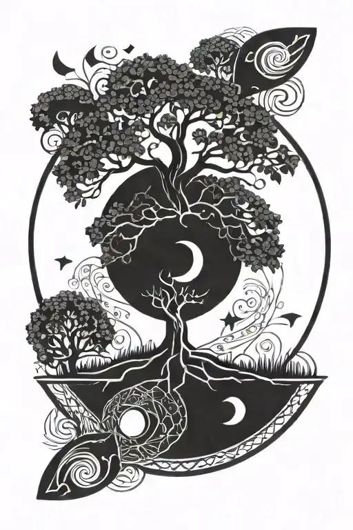 Tree Of Life And Moon Intertwined