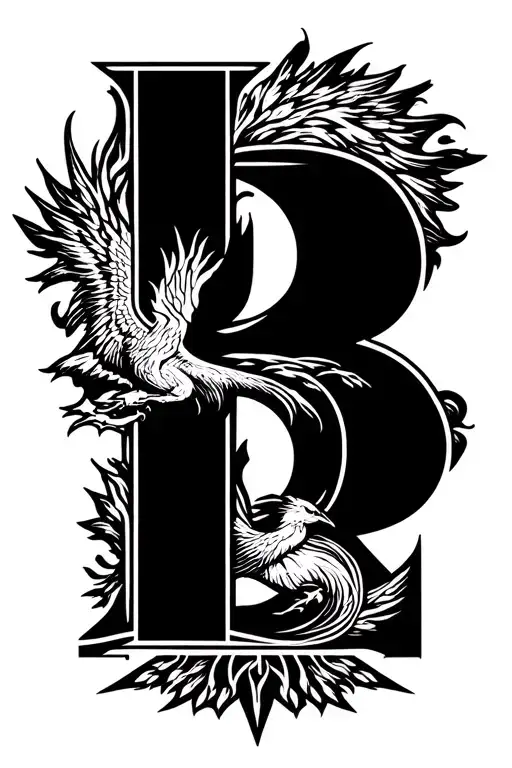 B Letter With Mountains Rising Phoenix From Fire