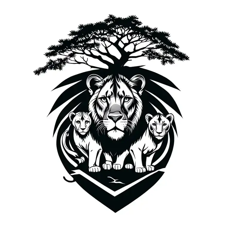 Two Cubs With Lioness Under A Cedar Tree Growing