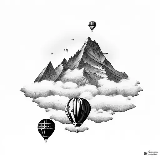 A Realistic Depiction Of A Mountain Range With A Hot Air Balloon Floating Above