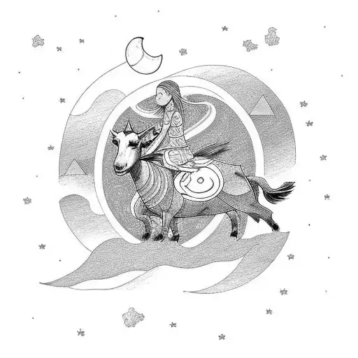 Girl Riding A Goat With A Moon