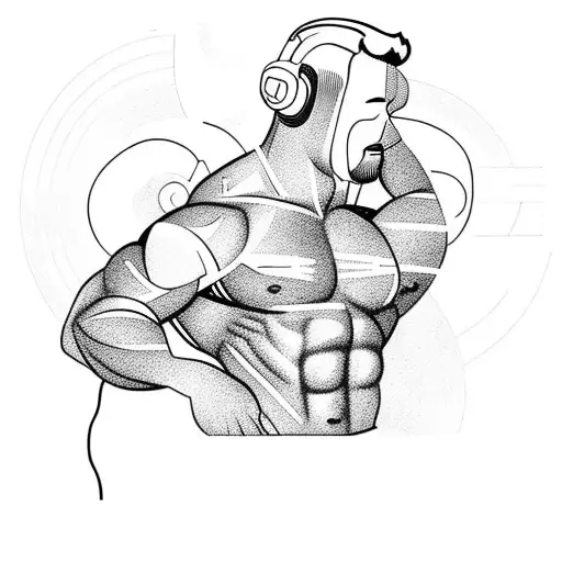 A Bodybuilder With Headphones Flexing Their Muscles To The Beat Of Music
