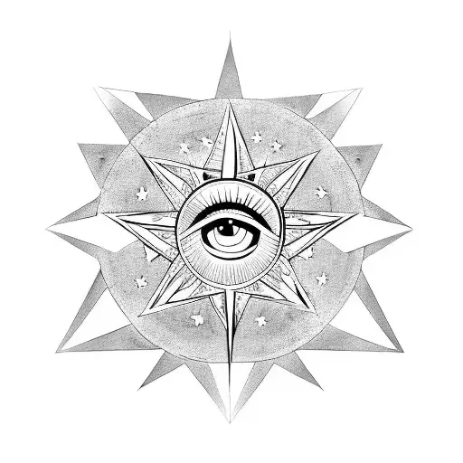 3 Sided Star Within A 5 Pointed Star Within A 7 Pointed Star With An Eye In The Centre