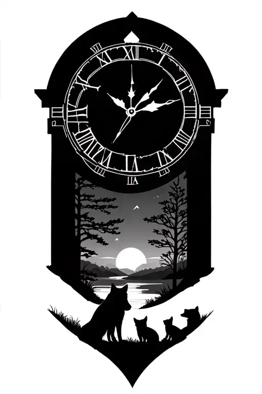 Wolf With 2 Cubs In A Sunset Woodland Scene Featuring A Roman Clock Face