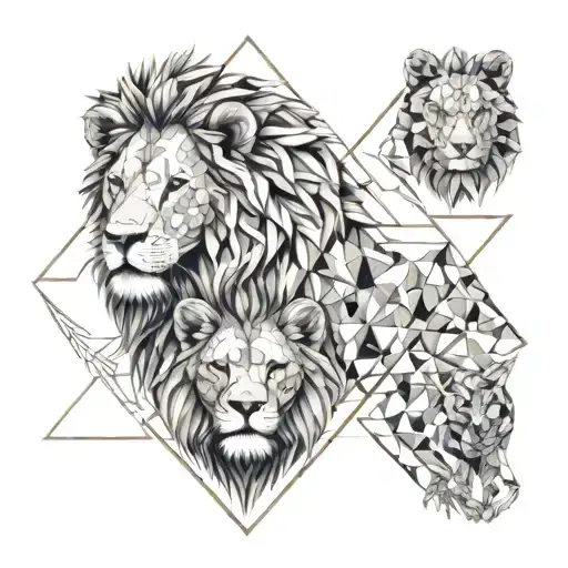 Lion With Lioness Surrounded With 3 Cubs Face Only