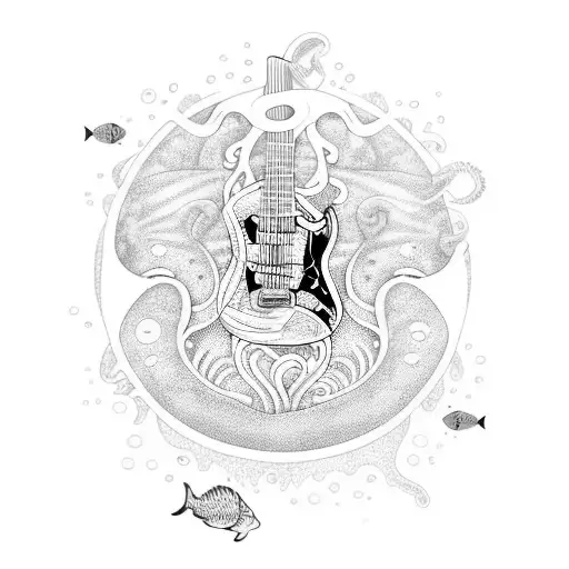 A Guitar With Underwater Sea Creatures Swimming Around It