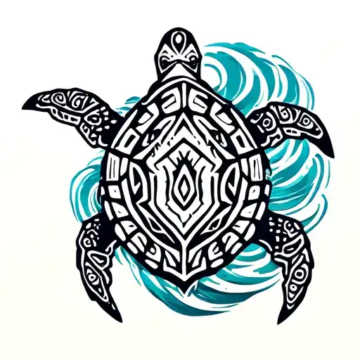Tribal Turtle Surrounded By Waves