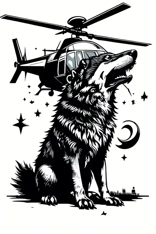 Helicopter And Wrench With Wolf Howling At The Moon