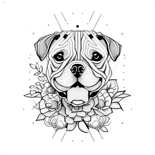 Puppy Amstaff With Flowers Black And White