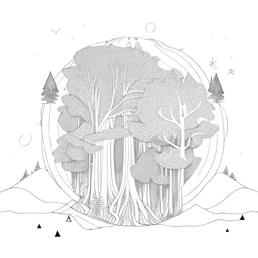 A Mystical Forest Scene With Towering Trees And Hidden Woodland Creatures