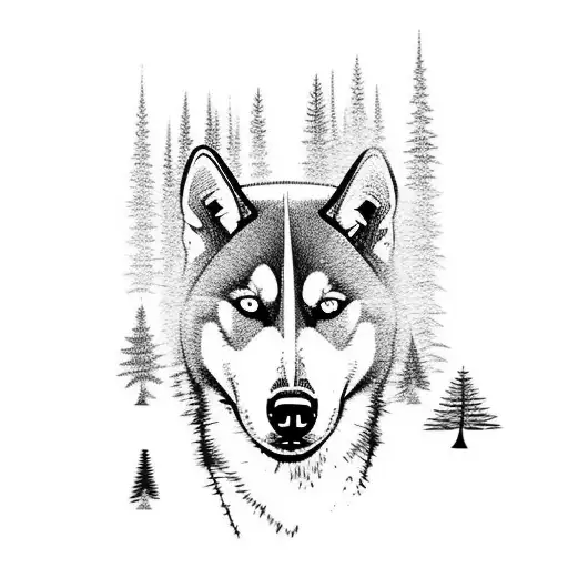 Husky With Mountain Pine Trees Backdrop