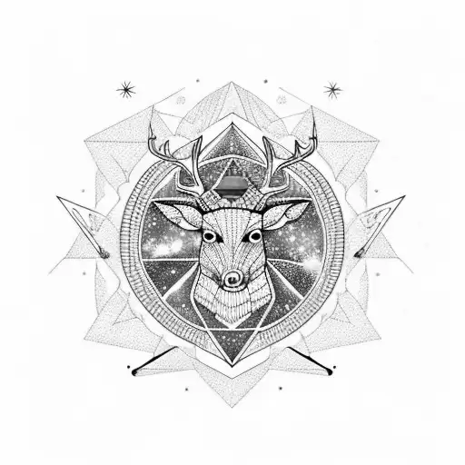 Poligonal Deer Head Whit A Maya Pyramid Over And Galaxy Sky Wht Moon Over The Pyramid