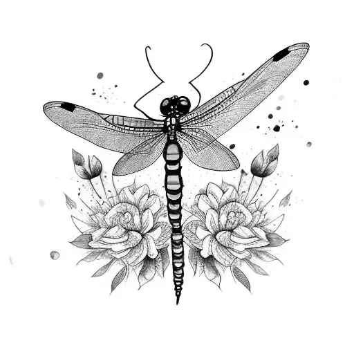 Watercolor Dragonfly With Intricate Black Striped Wings Surrounded By Colorful Flowers