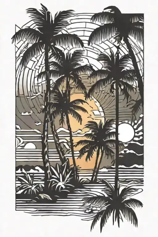 Tropical Beach Scene With Palm Trees And Sunset