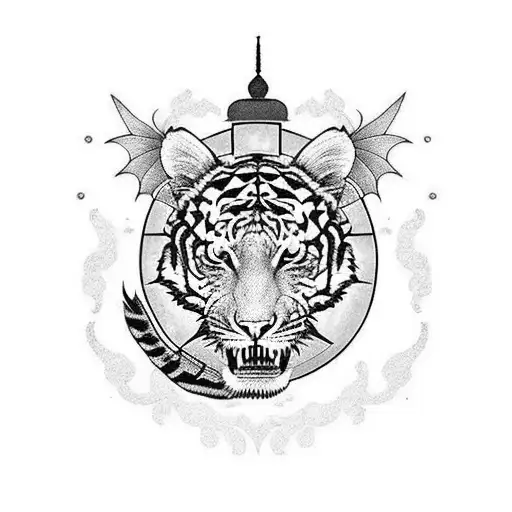 Dragon With Tiger And Clock With Flowers For Half Sleeve