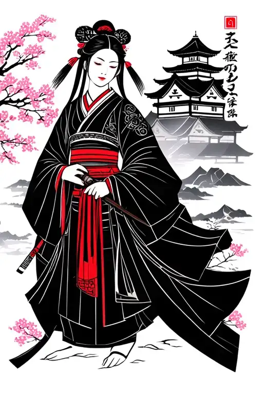 Japanese Lady Holding Samurai Background Castle Ang Sakura Tree