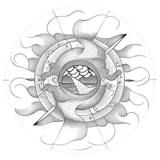 Wave Going Back To Shore With Sun And Clouds In A Circle