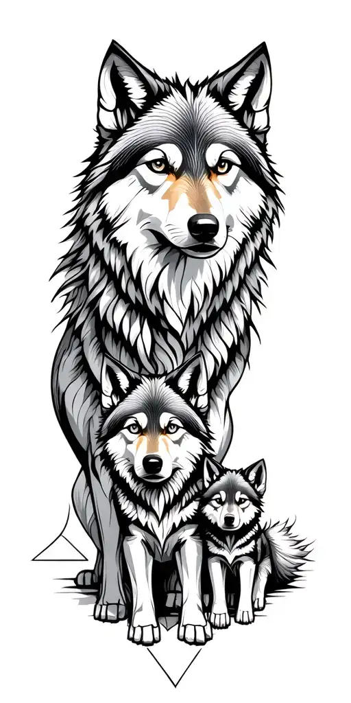 Wolf With Two Wolf Cubs And She -Wolf
