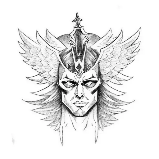 Falling Devil Beat By Angel With White Wings And Sword In Hands