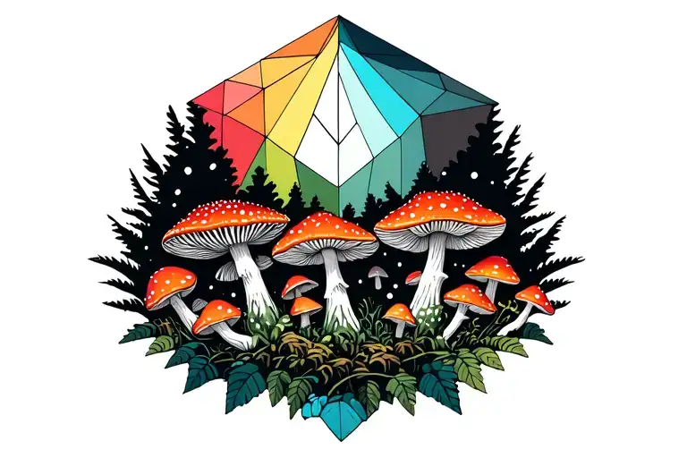 Geometric Forest And Amanita Mushrooms Geometric Mandala With Black And Rainbow Geometry Background