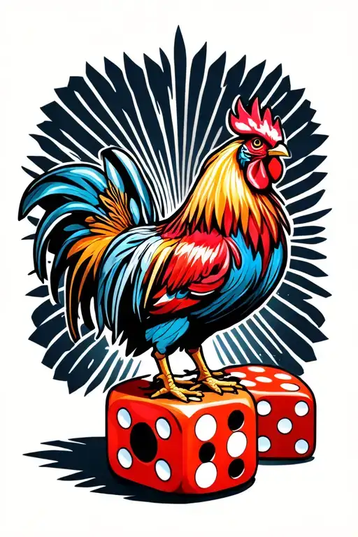 Rooster Standing On Dice Symbolizing The Gamble