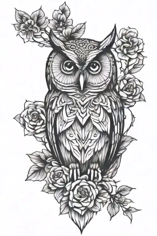 Arm Tattoo Owl With Flowers Un A Gothic Dark Style