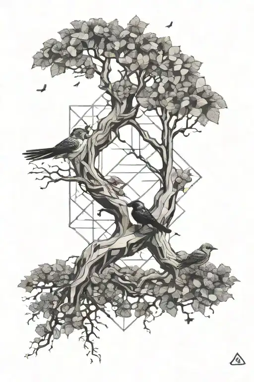 Tree With 2 Birds Sitting And 1 Flying