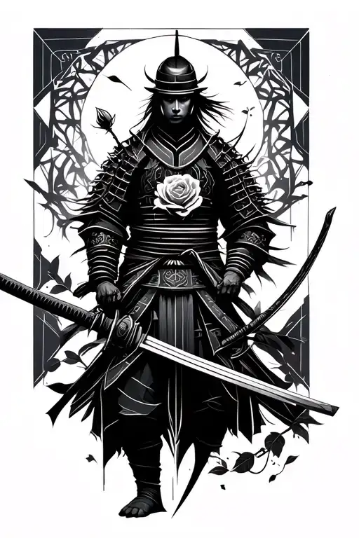 Samurai With Katana And Mix It With Rose