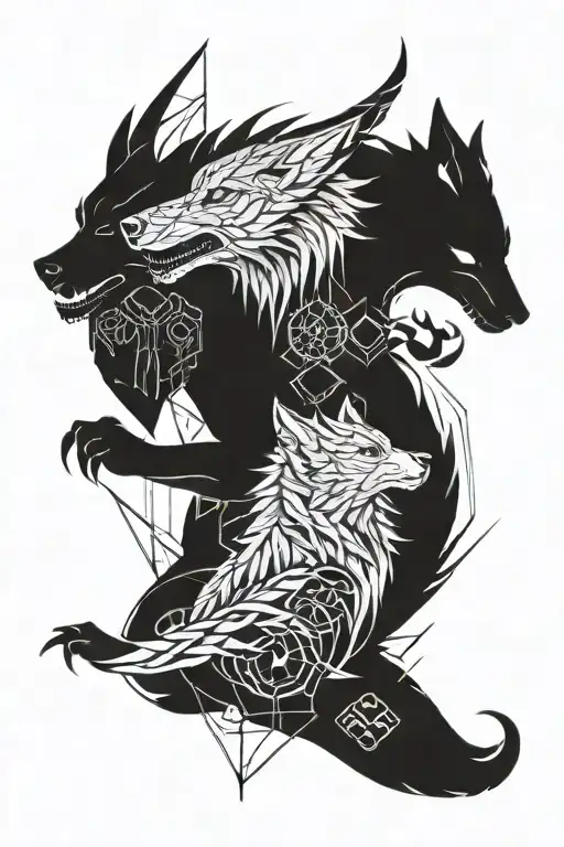 Wolf Surrounded Ninja And Dragon