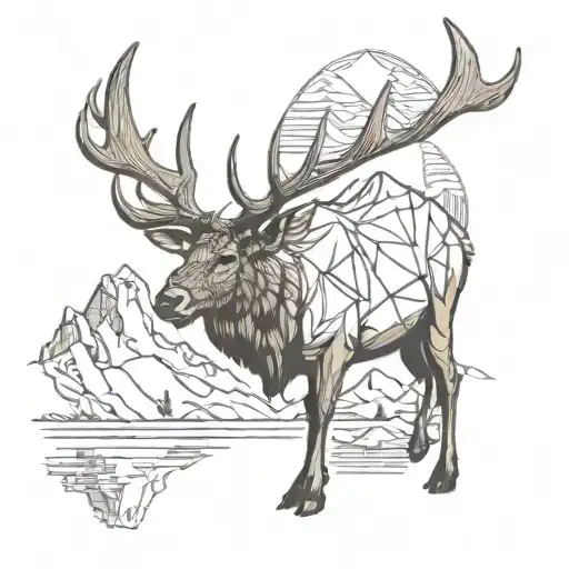Bull Elk Standing By Water With Mountains