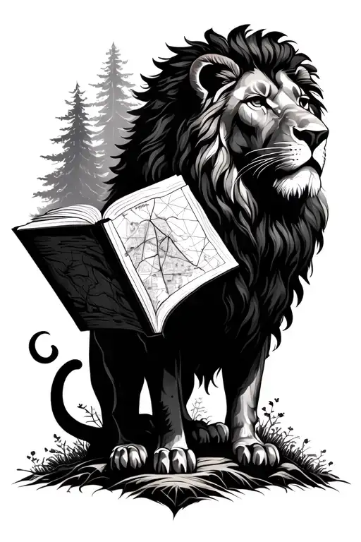 Lion Surrounded By Tress Stump Reading A Map