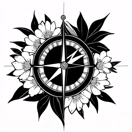 Simple Fine Line Compass With Flowers Feminine