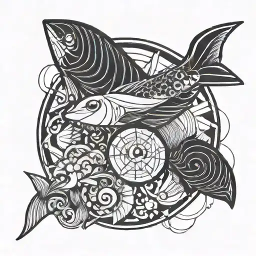 One Line Tattoo With Plane And Fish Yin Yang