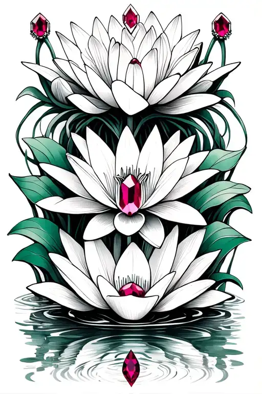 Water Lily And Lily Flowers With Stems And Ruby And Emerald Gemstones