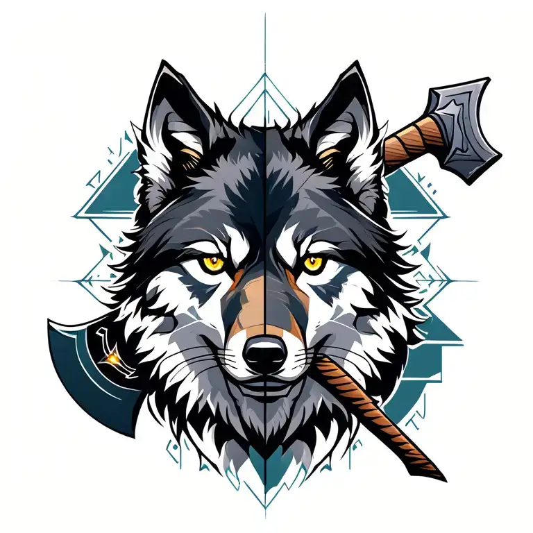 Half Face Wolf And Half Face Axe With Glowing Eyes And Geometric Backgrounds