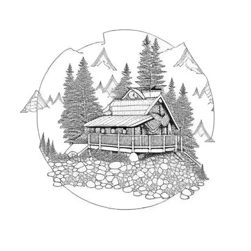Circle With Lakeside Cabin Near Mountains