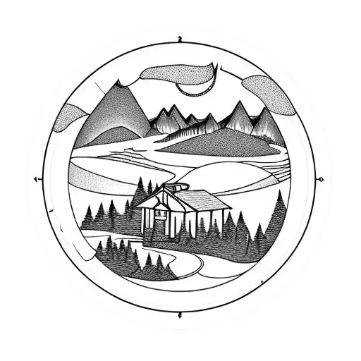Circle With Lakeside Cabin Near Mountains In Style Of Old Timey Map