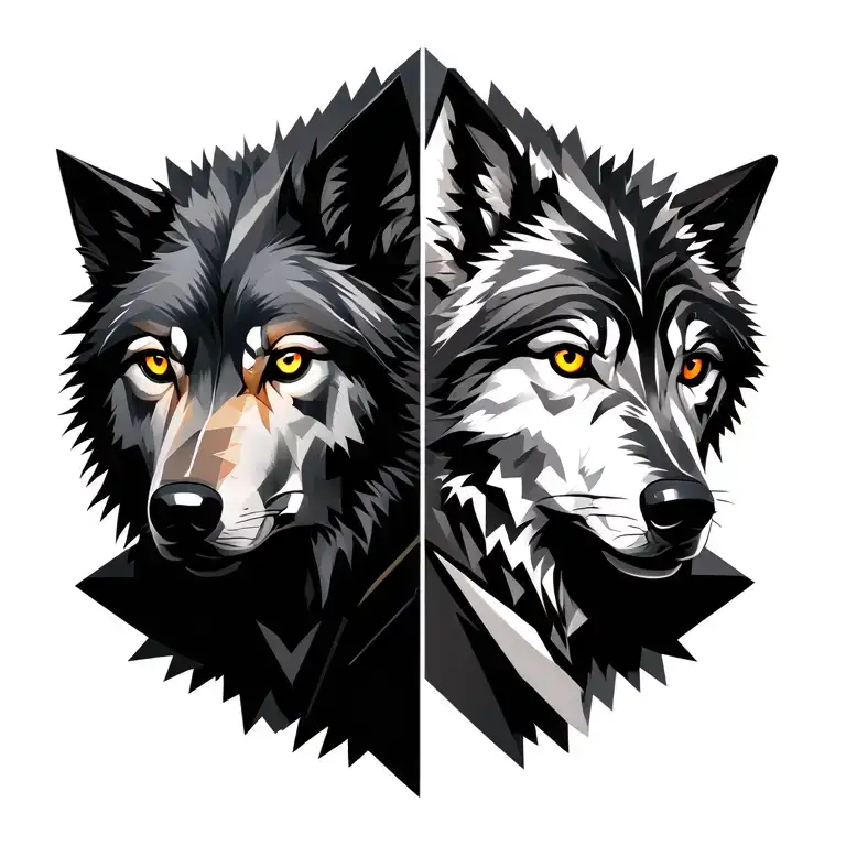 Two Face Wolf With Glowing Eyes And Geometric Backgrounds