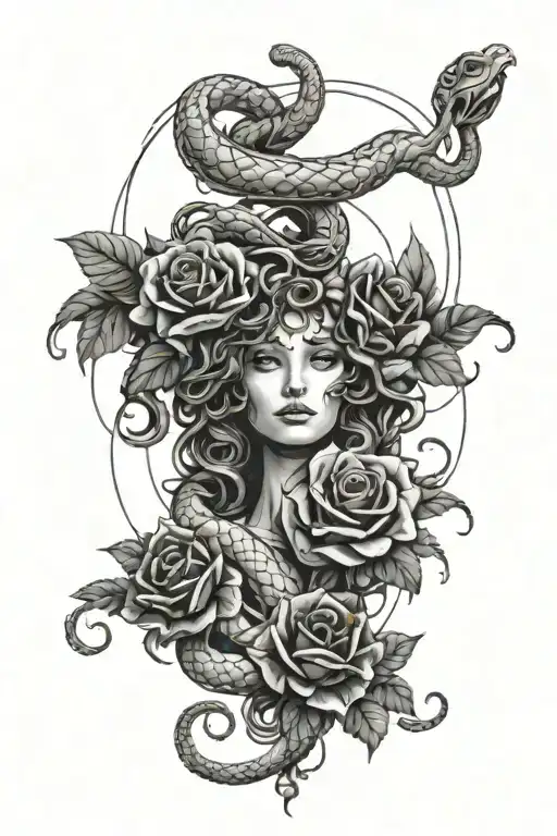 Medusa Head With Snakes Wrapped And Roses